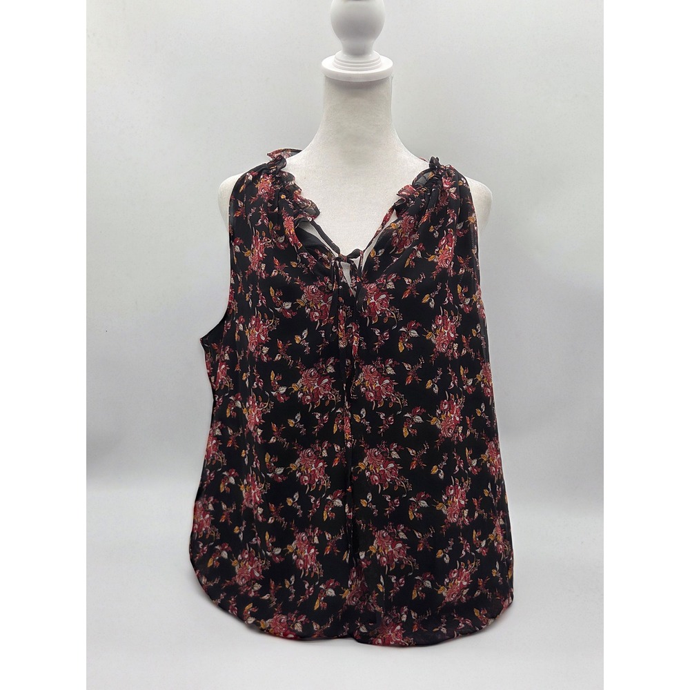 Max Studio Women's L Black Floral Sleeveless Ruffle Tie Neck Blouse 101-569